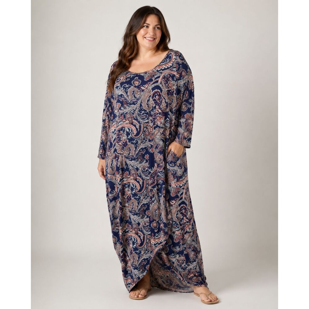 BloomChic Plus Size 30 Paisley Maxi Dress Long Sleeve Faux Wrap Petal Hem NWT